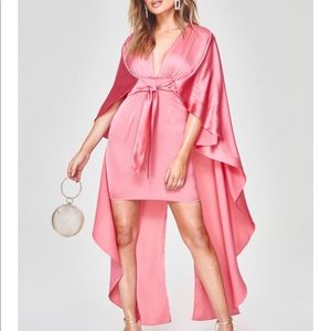 Boohoo Premium Satin Belted Cape Dress